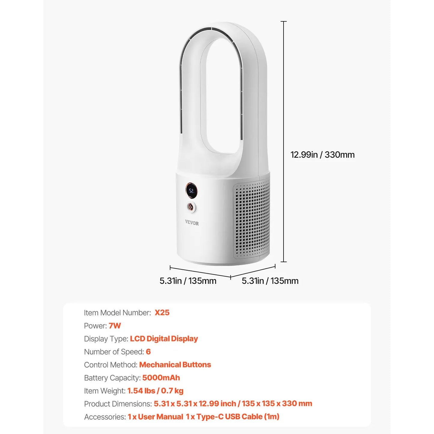 Desk Fan Bladeless, 12.99 Inch Portable Clooer Desk Fan, 6-Speed USB Quiet Cooling Small Tower Fan with Rechargeable Battery