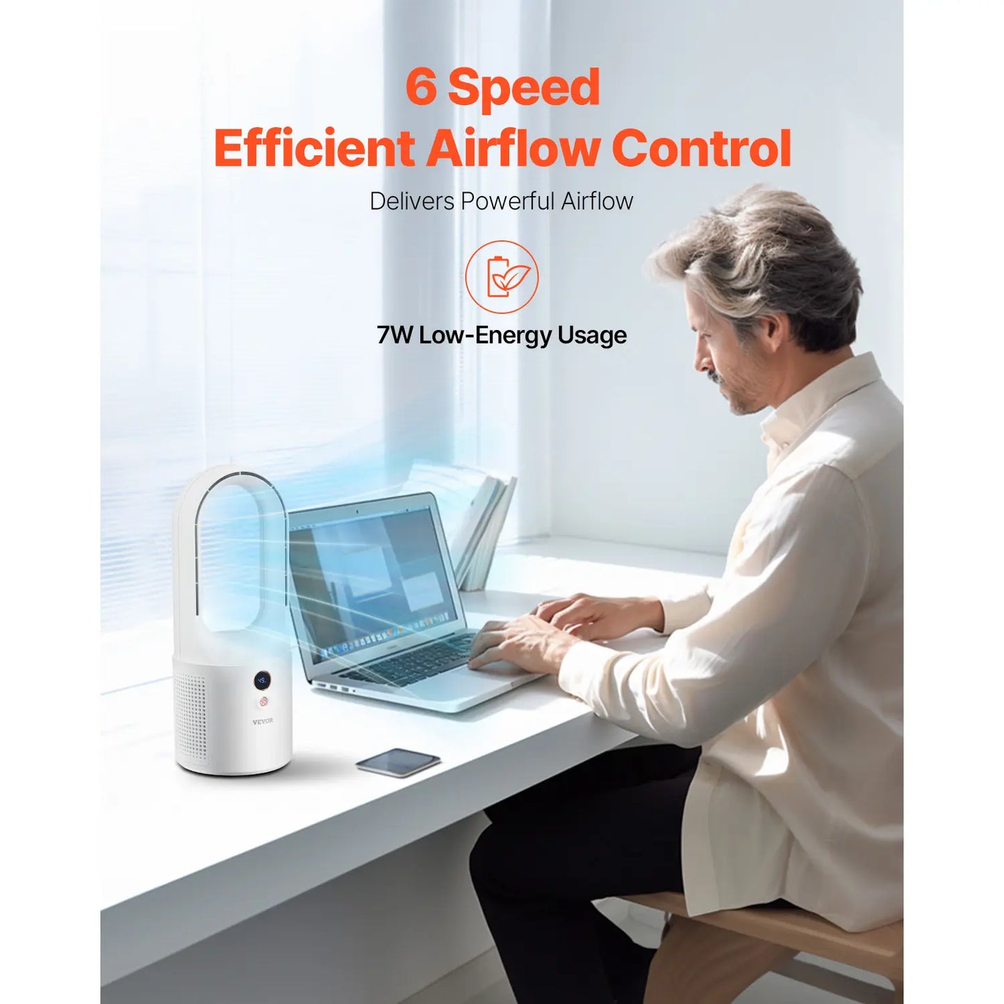Desk Fan Bladeless, 12.99 Inch Portable Clooer Desk Fan, 6-Speed USB Quiet Cooling Small Tower Fan with Rechargeable Battery