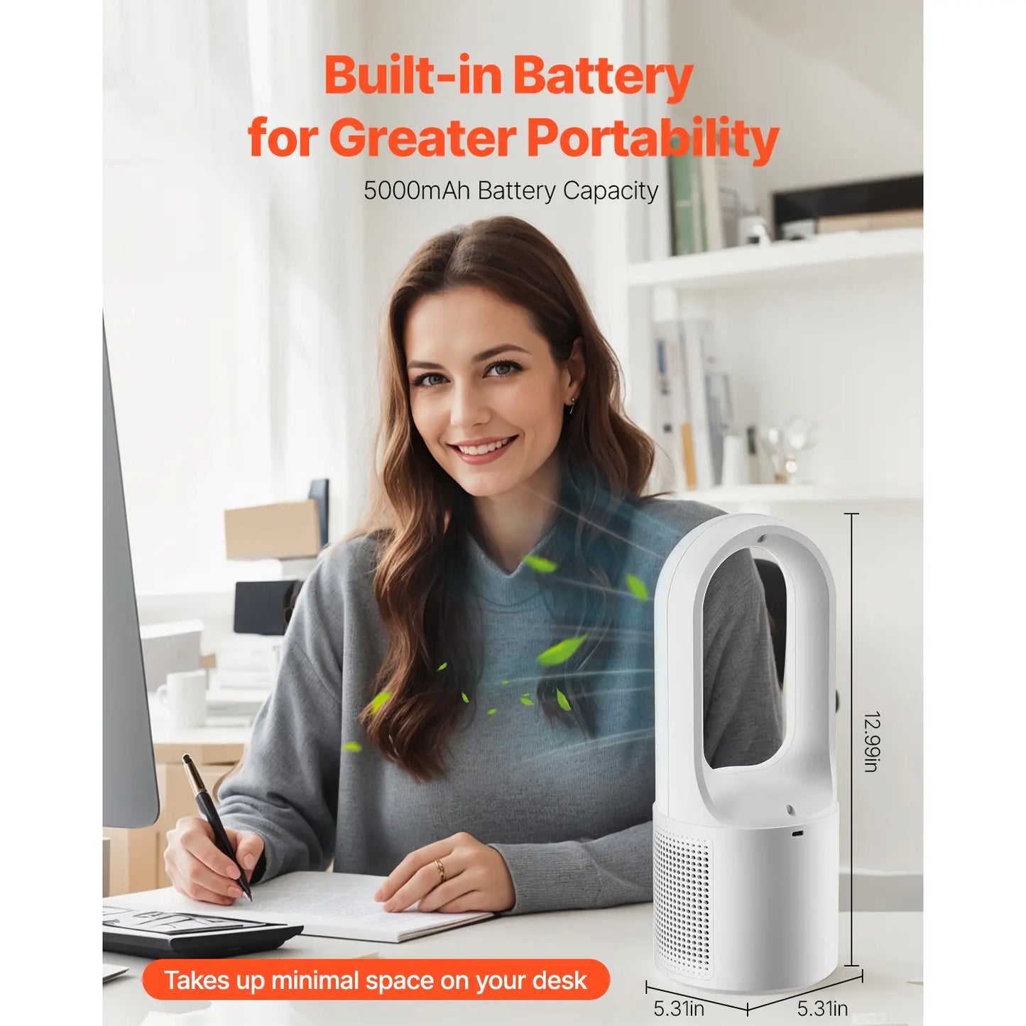 Desk Fan Bladeless, 12.99 Inch Portable Clooer Desk Fan, 6-Speed USB Quiet Cooling Small Tower Fan with Rechargeable Battery