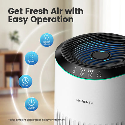 MORENTO MR2566 Air Purifier for Bedroom Home Smoke & Pet Dander Odors Sleep Mode Portable HEPA Blue Ambient Light Sleeping Mode Fragrance Machine