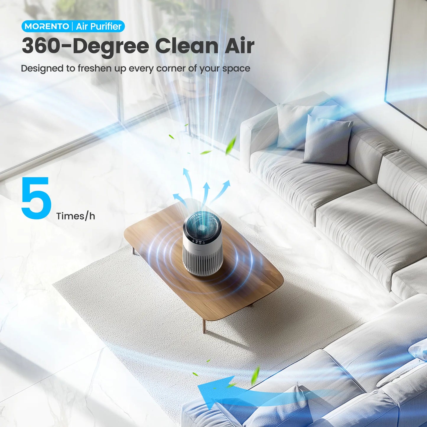 MORENTO MR2566 Air Purifier for Bedroom Home Smoke & Pet Dander Odors Sleep Mode Portable HEPA Blue Ambient Light Sleeping Mode Fragrance Machine